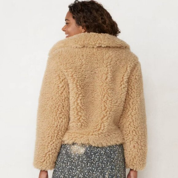 LC Lauren Conrad Womens Tan Faux Shearling Fluffy Teddy Bear Jacket Sz M New - Picture 3 of 12